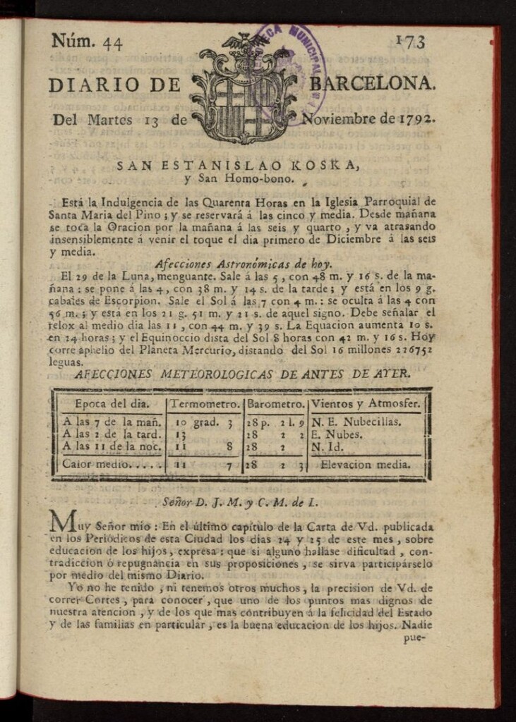Miniatura de Diario de Barcelona del 13 de noviembre de 1792, nº 44