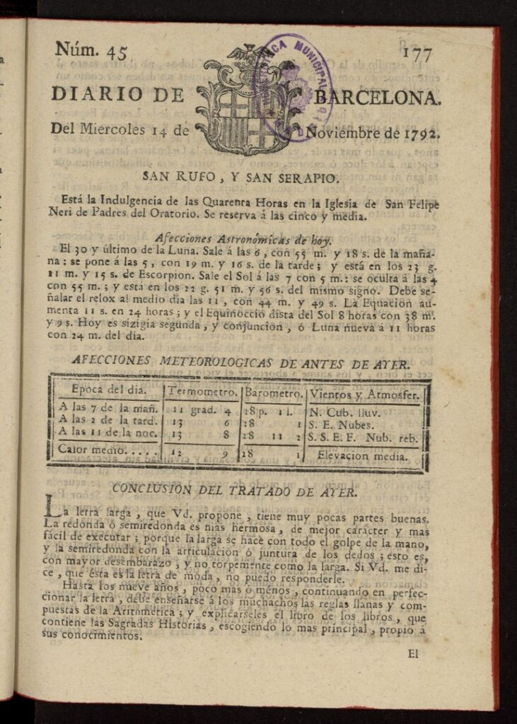 Miniatura de Diario de Barcelona del 14 de noviembre de 1792, nº 45