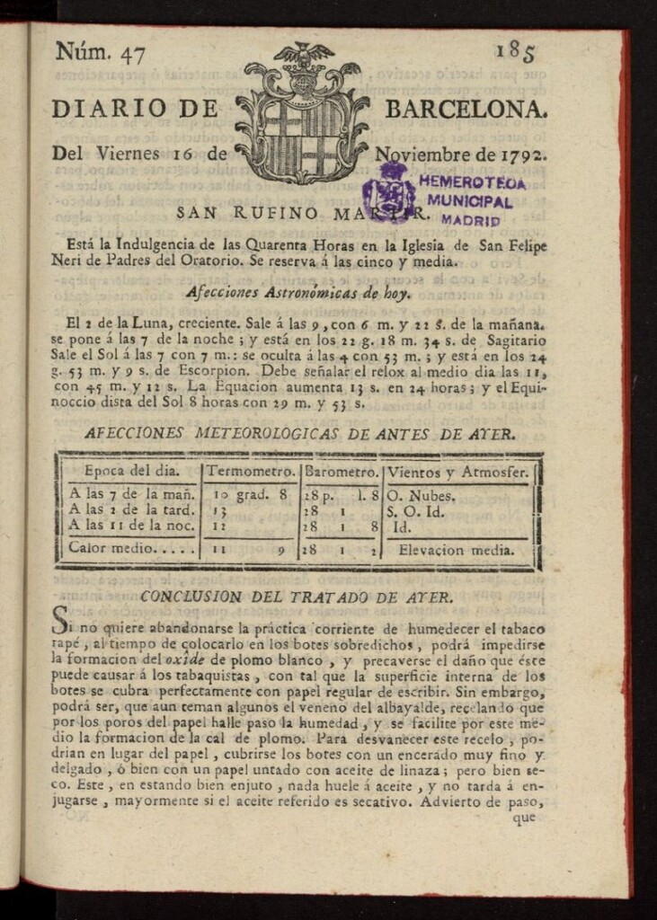 Miniatura de Diario de Barcelona del 16 de noviembre de 1792, nº 47