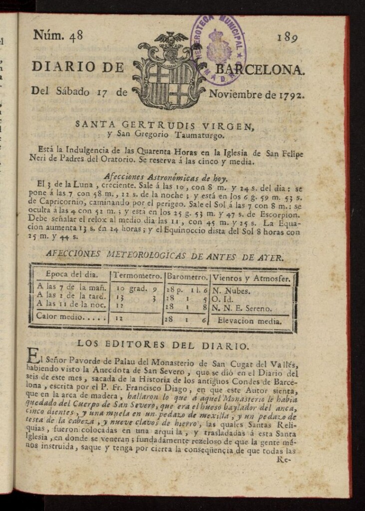 Miniatura de Diario de Barcelona del 17 de noviembre de 1792, nº 48