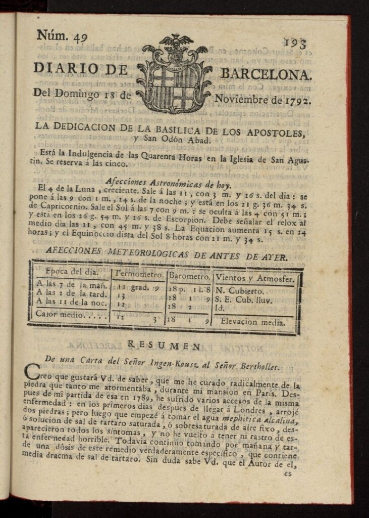 Miniatura de Diario de Barcelona del 18 de noviembre de 1792, nº 49