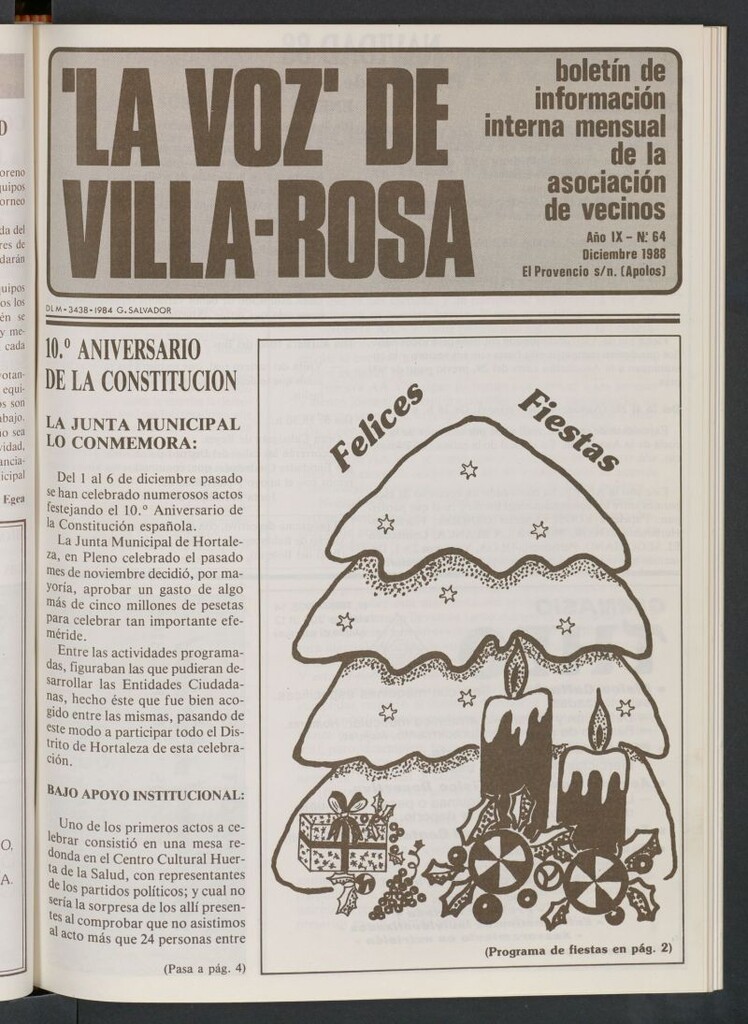 Miniatura de La Voz de Villa-Rosa: boletín informativo mensual de la asociación de vecinos, nº 64 de diciembre de 1988