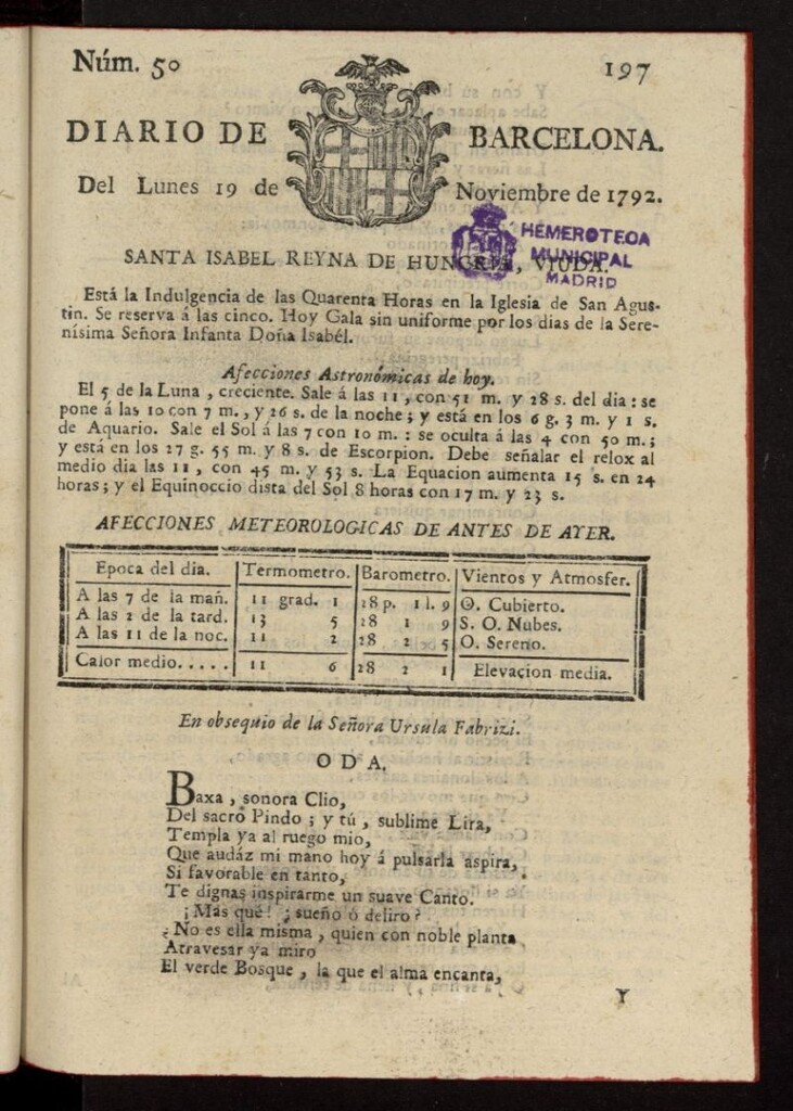 Miniatura de Diario de Barcelona del 19 de noviembre de 1792, nº 50