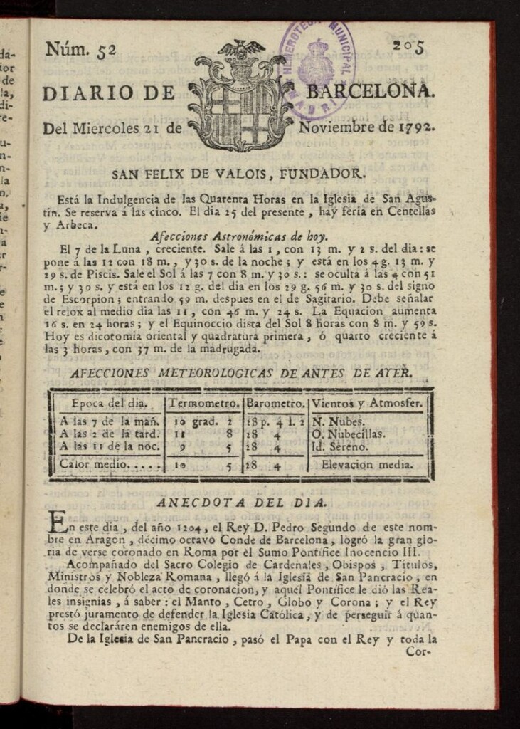 Miniatura de Diario de Barcelona del 21 de noviembre de 1792, nº 52