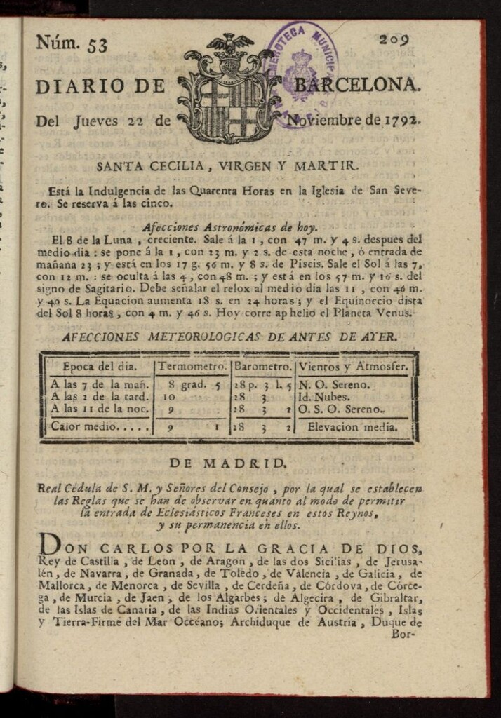 Miniatura de Diario de Barcelona del 22 de noviembre de 1792, nº 53