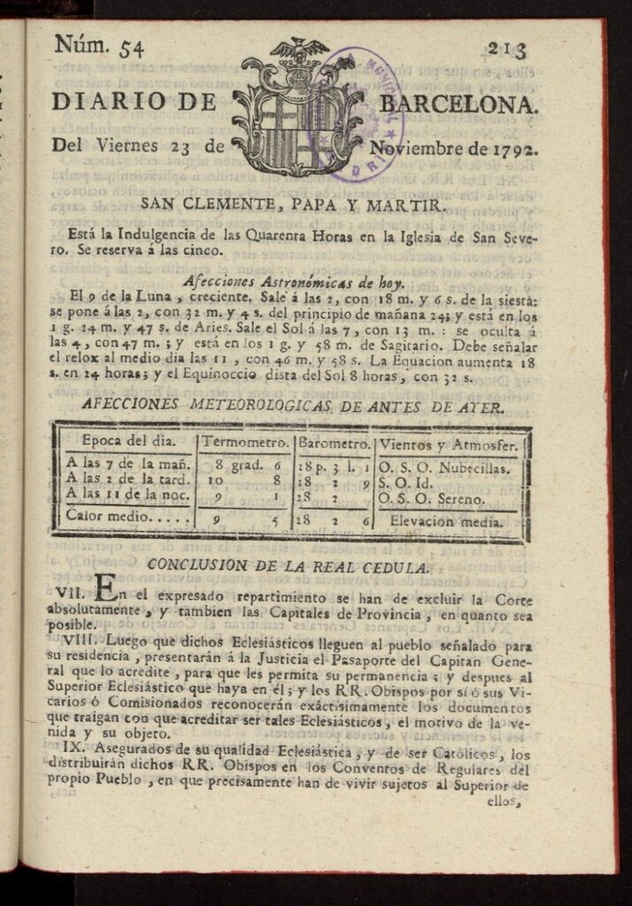 Miniatura de Diario de Barcelona del 23 de noviembre de 1792, nº 54