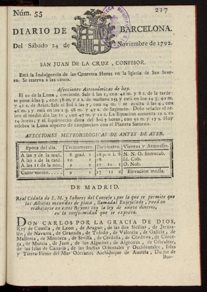 Miniatura de Diario de Barcelona del 24 de noviembre de 1792, nº 55