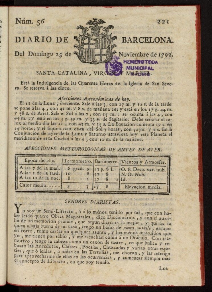 Miniatura de Diario de Barcelona del 25 de noviembre de 1792, nº 56