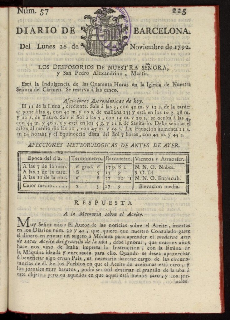 Miniatura de Diario de Barcelona del 26 de noviembre de 1792, nº 57