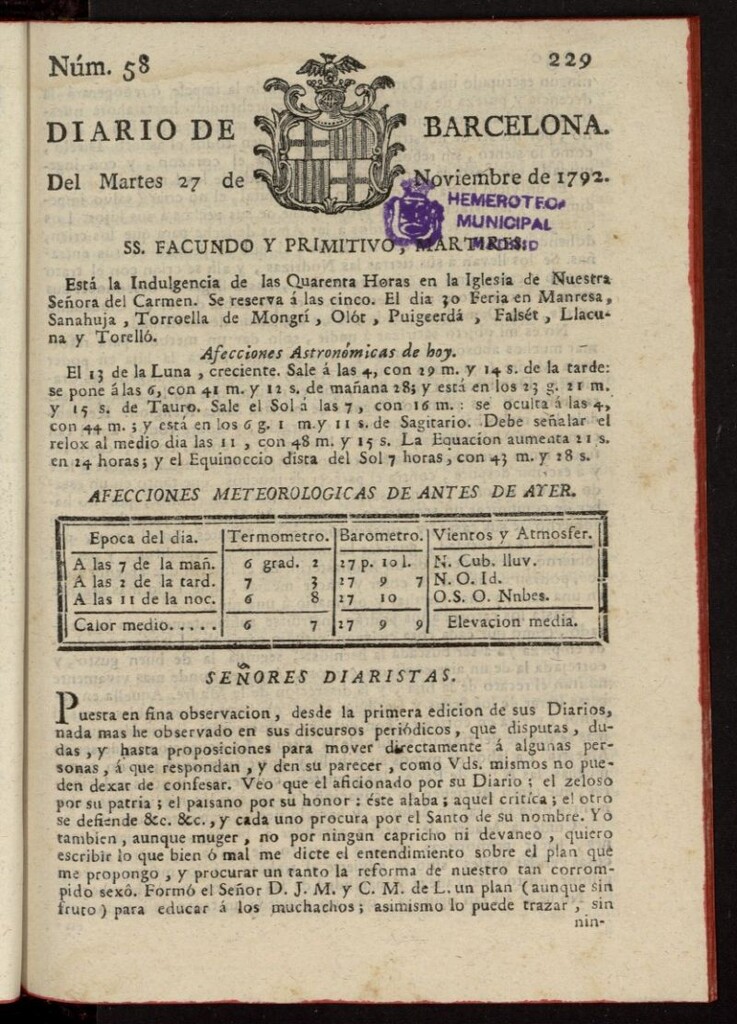 Miniatura de Diario de Barcelona del 27 de noviembre de 1792, nº 58
