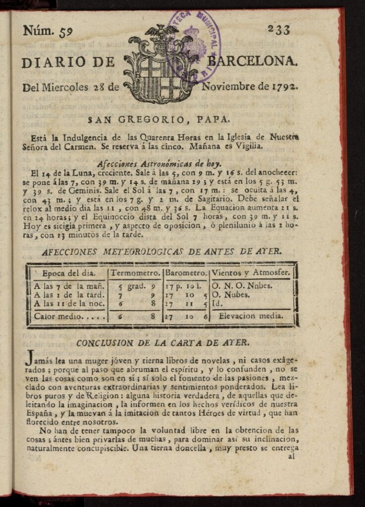 Miniatura de Diario de Barcelona del 28 de noviembre de 1792, nº 59
