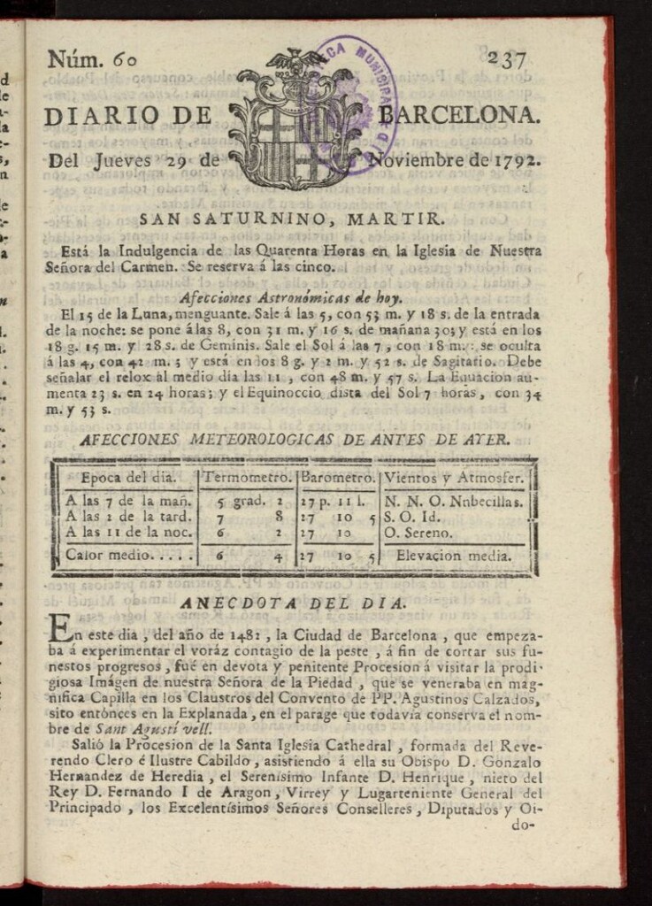 Miniatura de Diario de Barcelona del 29 de noviembre de 1792, nº 60
