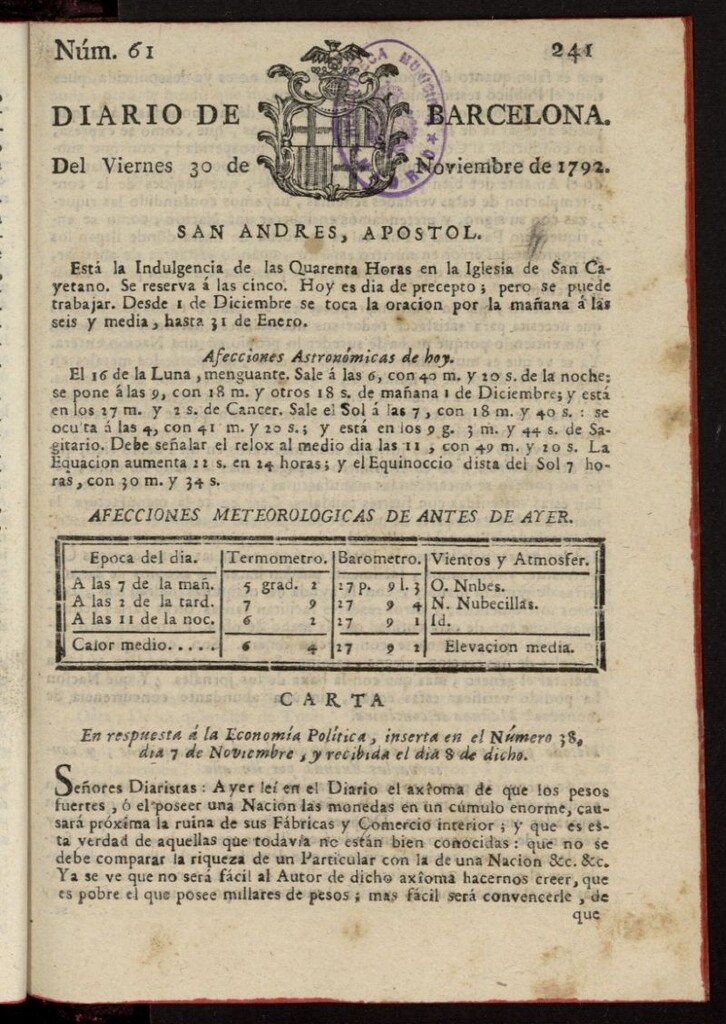 Miniatura de Diario de Barcelona del 30 de noviembre de 1792, nº 61