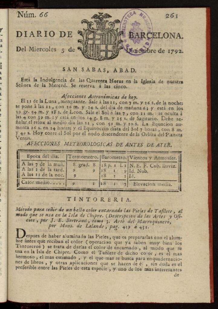 Miniatura de Diario de Barcelona del 5 de diciembre de 1792, nº 66
