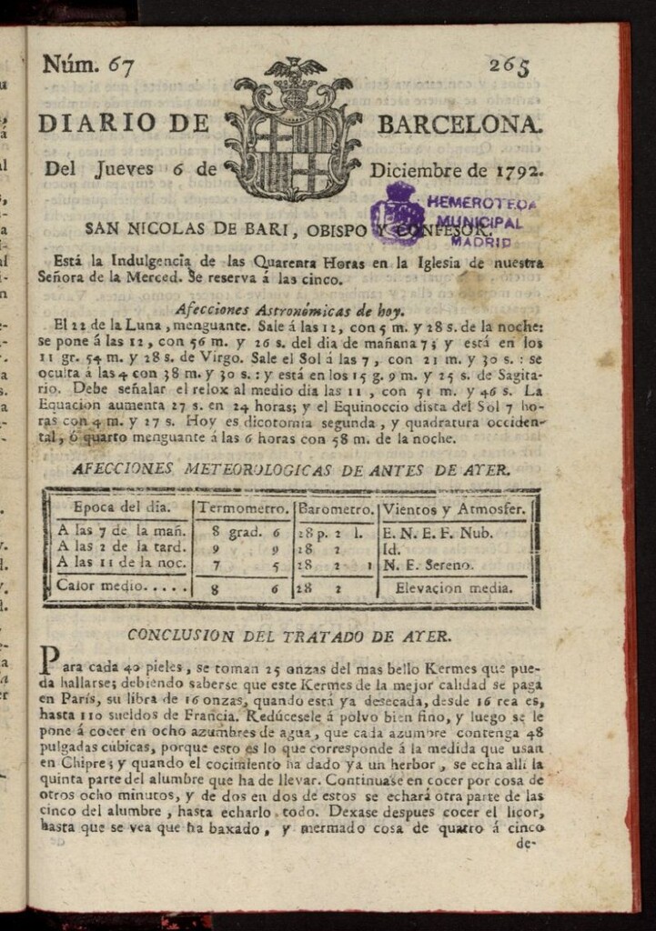 Miniatura de Diario de Barcelona del 6 de diciembre de 1792, nº 67