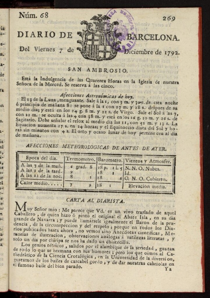 Miniatura de Diario de Barcelona del 7 de diciembre de 1792, nº 68