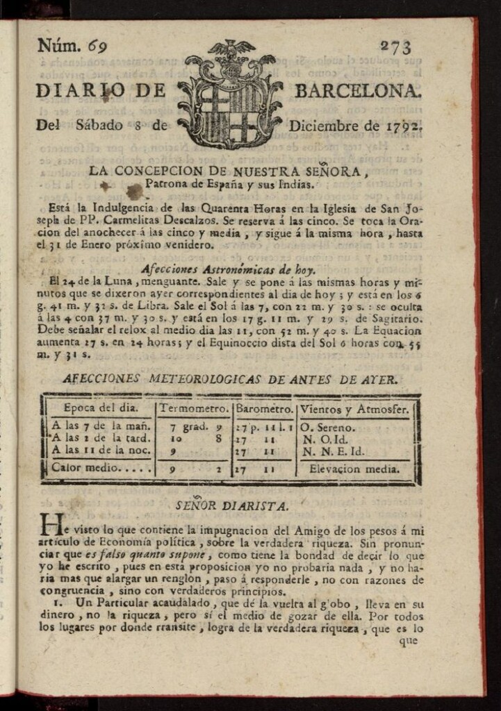 Miniatura de Diario de Barcelona del 8 de diciembre de 1792, nº 69