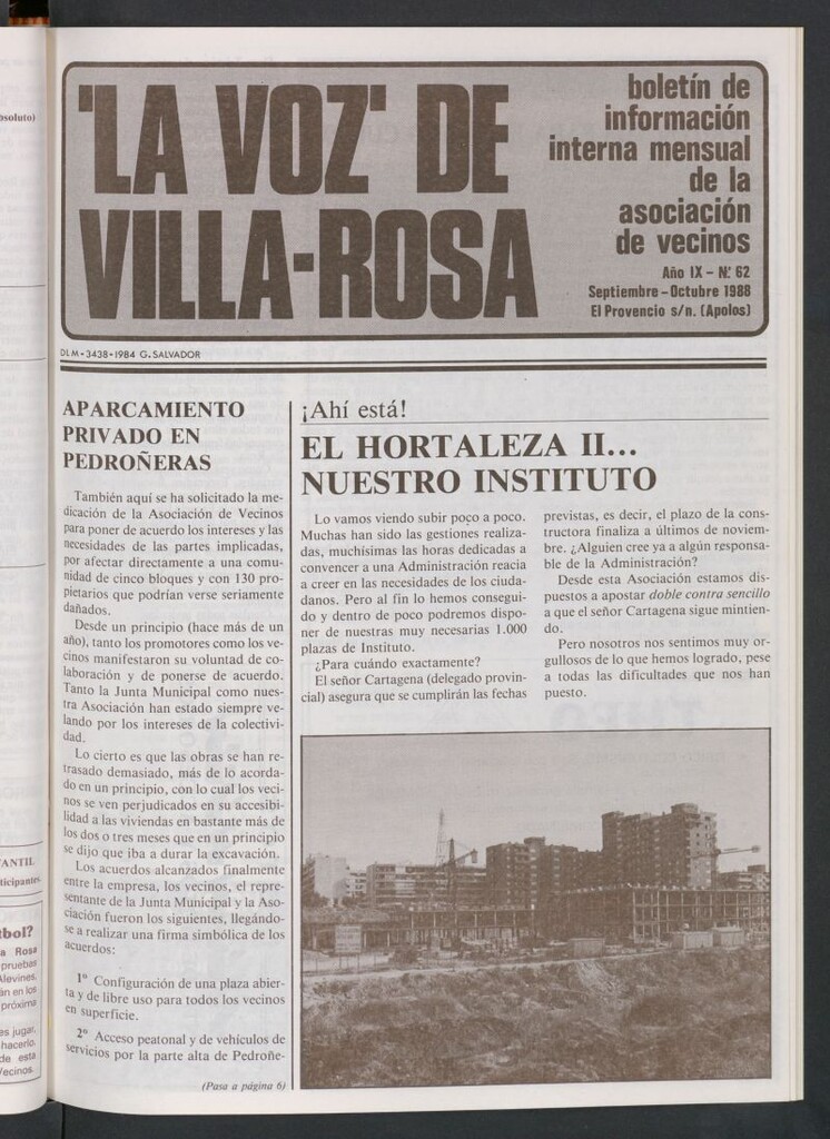 Miniatura de La Voz de Villa-Rosa: boletín informativo mensual de la asociación de vecinos, nº 62 de septiembre-octubre de 1988