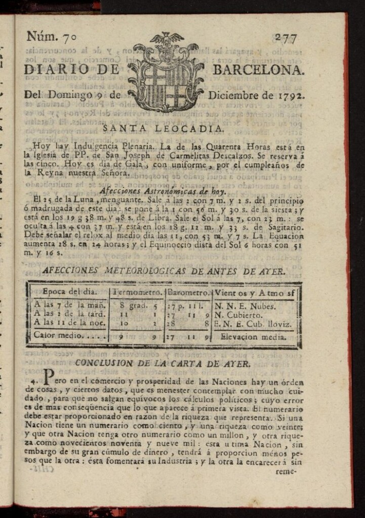 Miniatura de Diario de Barcelona del 9 de diciembre de 1792, nº 70