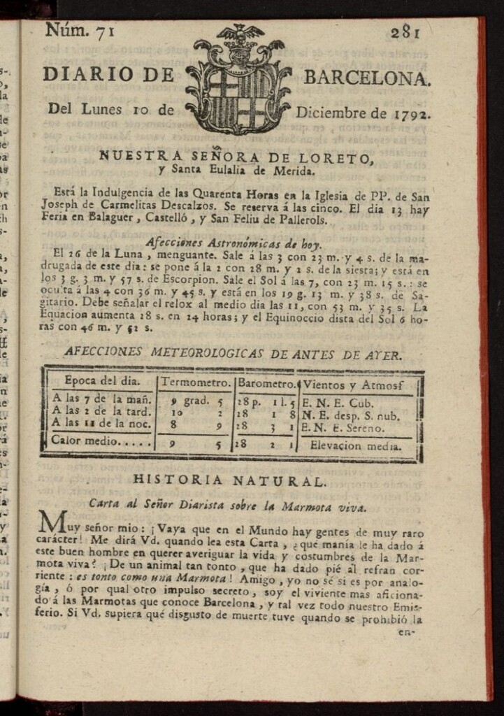 Miniatura de Diario de Barcelona del 10 de diciembre de 1792, nº 71