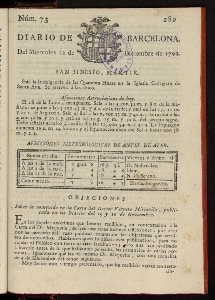 Miniatura de Diario de Barcelona del 12 de diciembre de 1792, nº 73