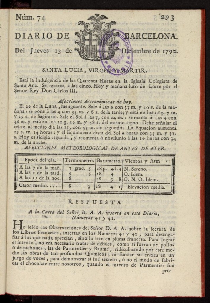 Miniatura de Diario de Barcelona del 13 de diciembre de 1792, nº 74