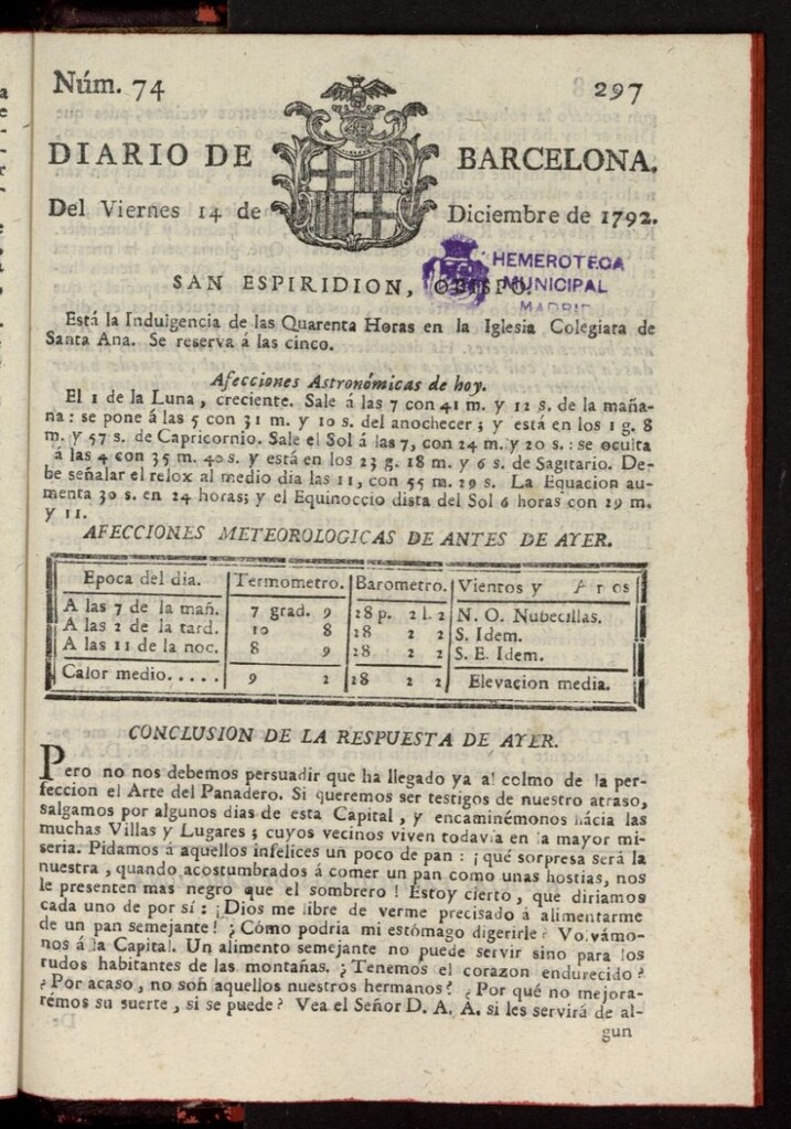 Miniatura de Diario de Barcelona del 14 de diciembre de 1792, nº 74