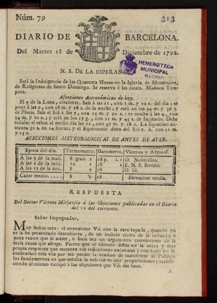 Miniatura de Diario de Barcelona del 18 de diciembre de 1792, nº 79