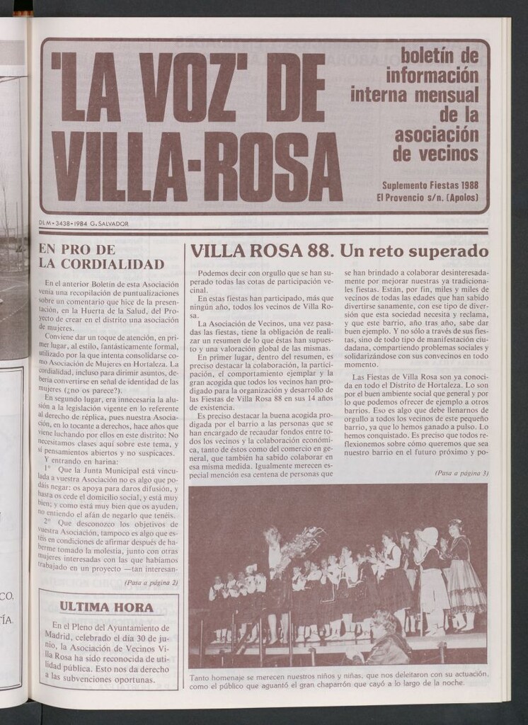Miniatura de La Voz de Villa-Rosa: boletín informativo mensual de la asociación de vecino de 1988. Suplemento fiestas
