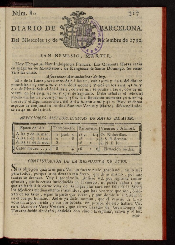 Miniatura de Diario de Barcelona del 19 de diciembre de 1792, nº 80