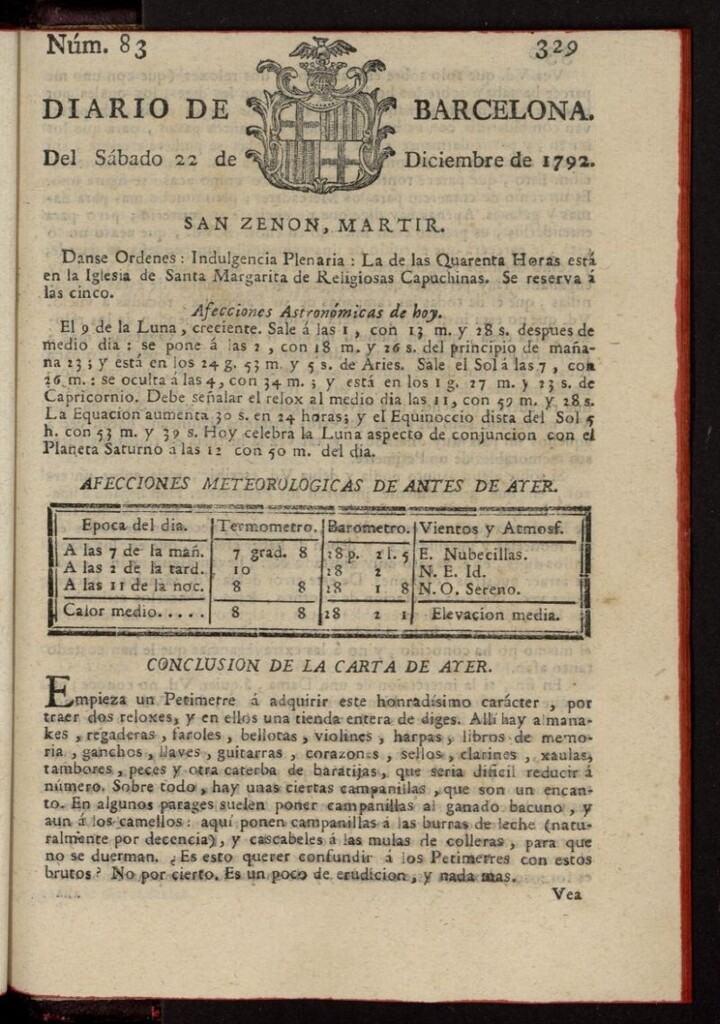 Miniatura de Diario de Barcelona del 22 de diciembre de 1792, nº 83