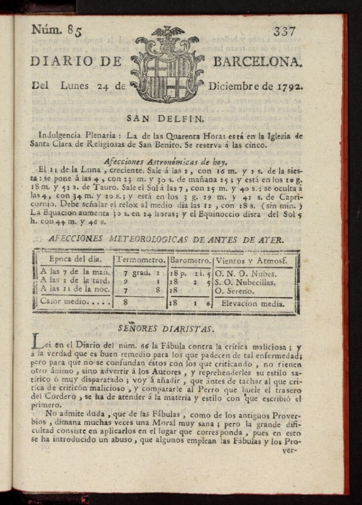 Miniatura de Diario de Barcelona del 24 de diciembre de 1792, nº 85