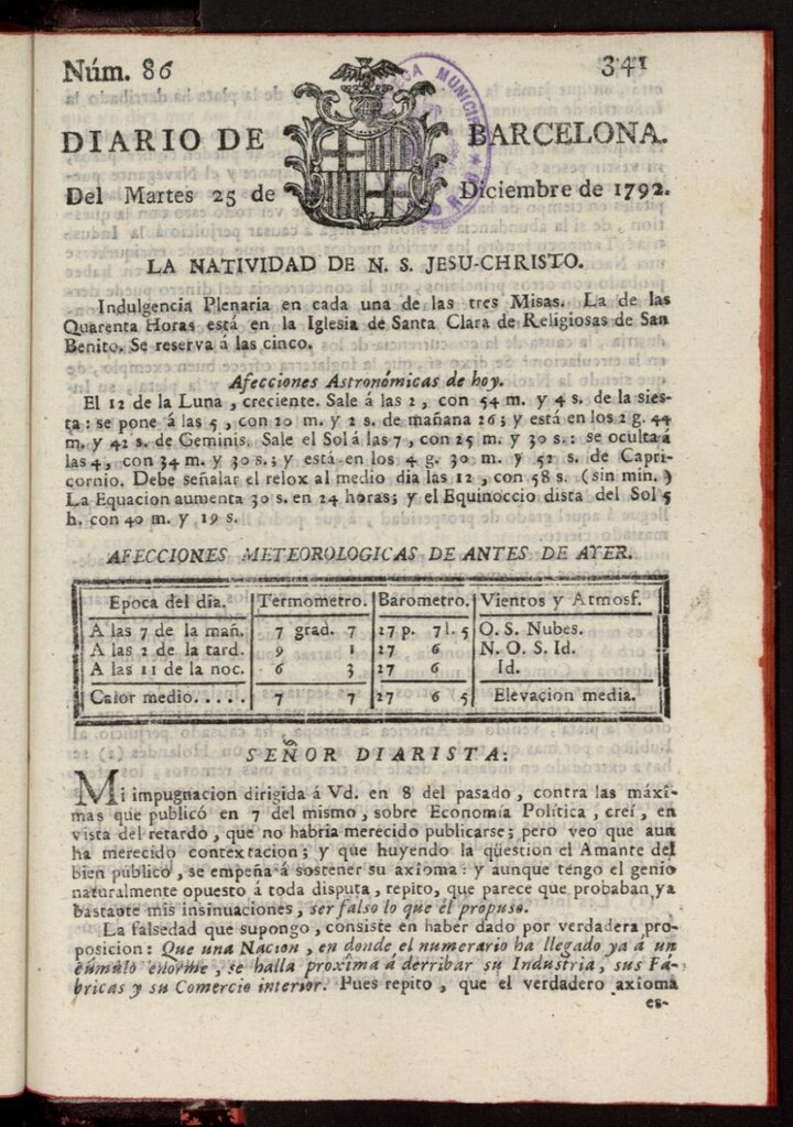 Miniatura de Diario de Barcelona del 25 de diciembre de 1792, nº 86