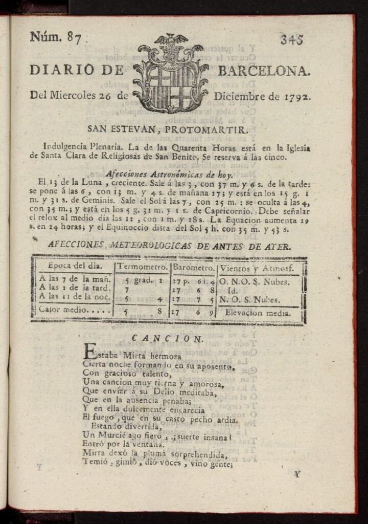 Miniatura de Diario de Barcelona del 26 de diciembre de 1792, nº 87