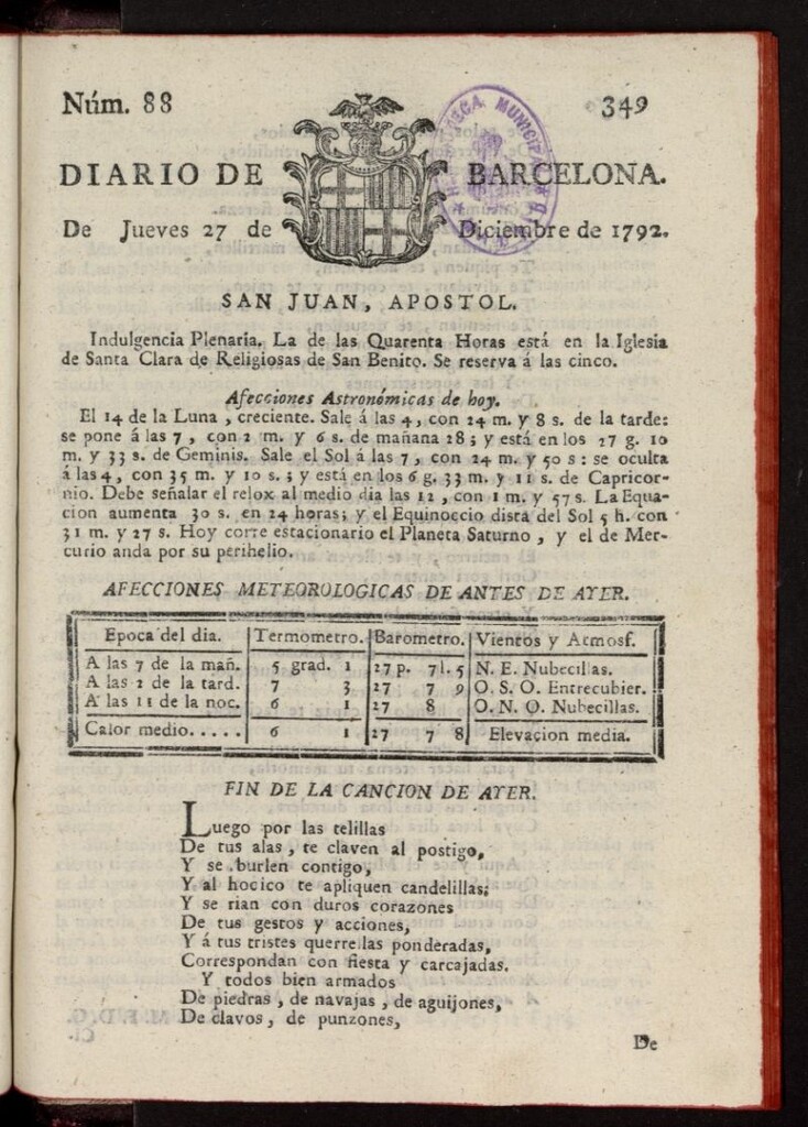 Miniatura de Diario de Barcelona del 27 de diciembre de 1792, nº 88