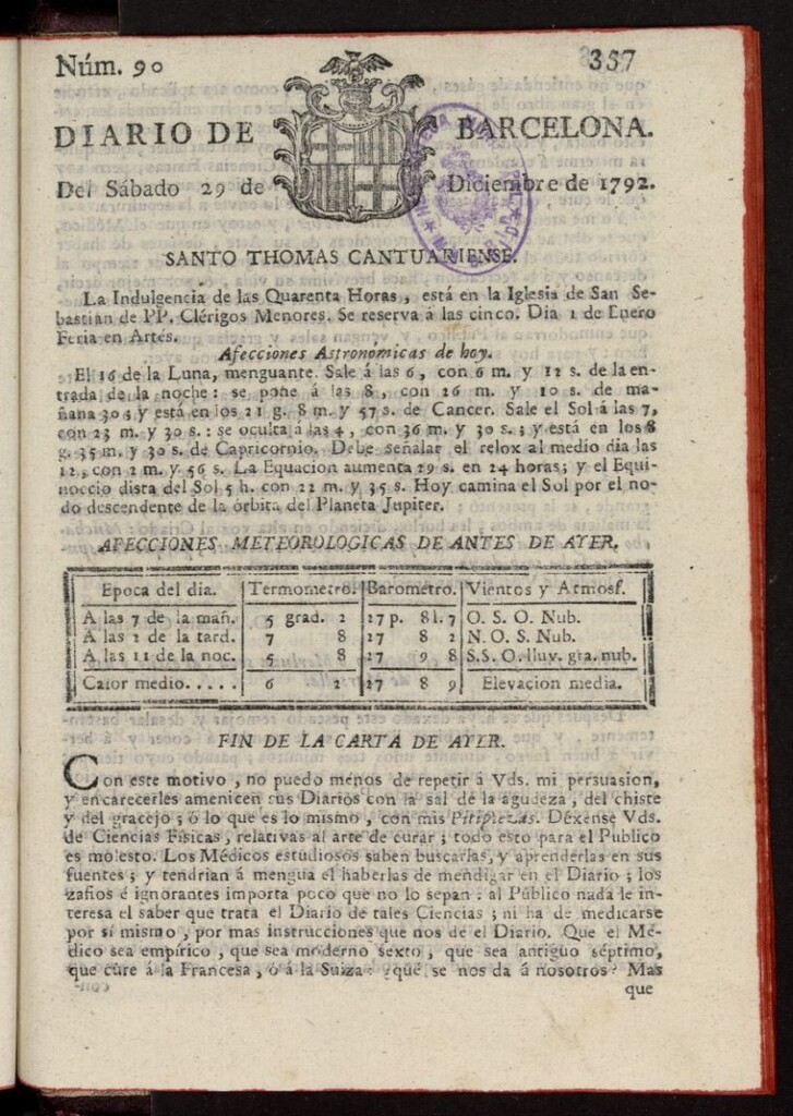 Miniatura de Diario de Barcelona del 29 de diciembre de 1792, nº 90