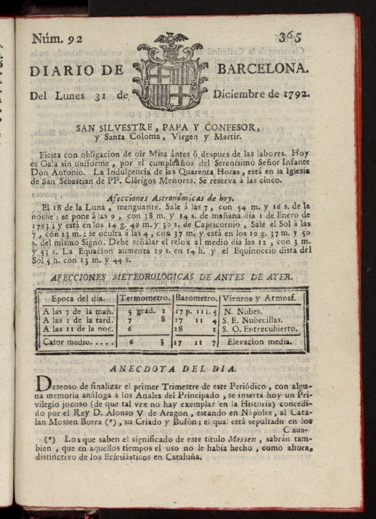 Miniatura de Diario de Barcelona del 31 de diciembre de 1792, nº 92