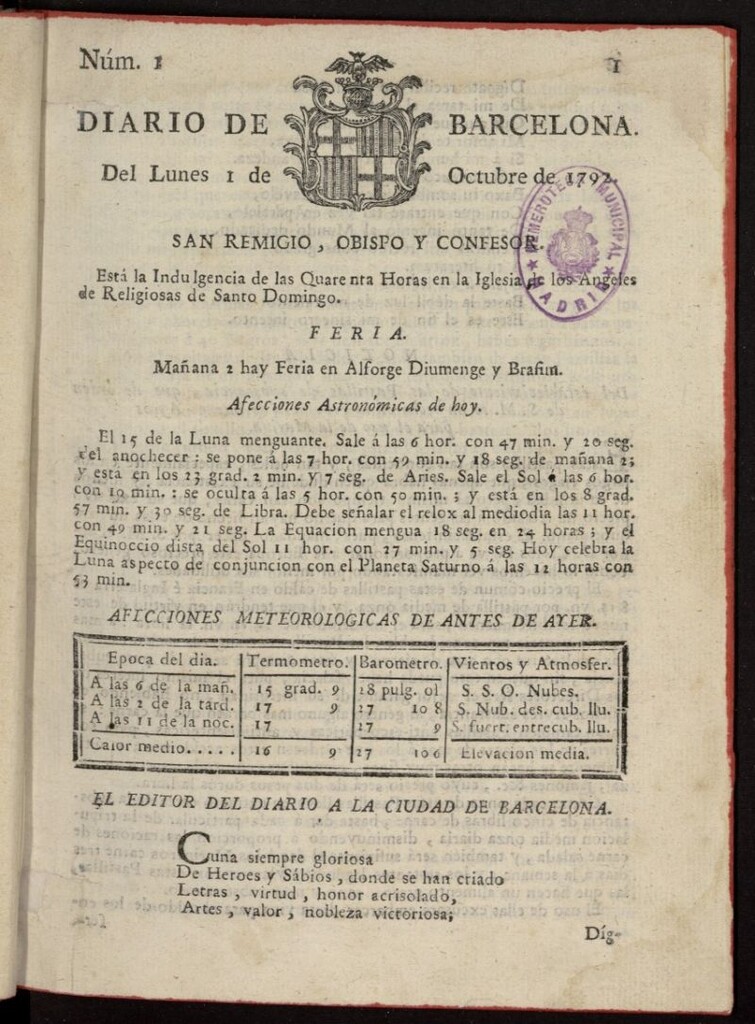 Miniatura de Diario de Barcelona del 1 de octubre de 1792, nº 1