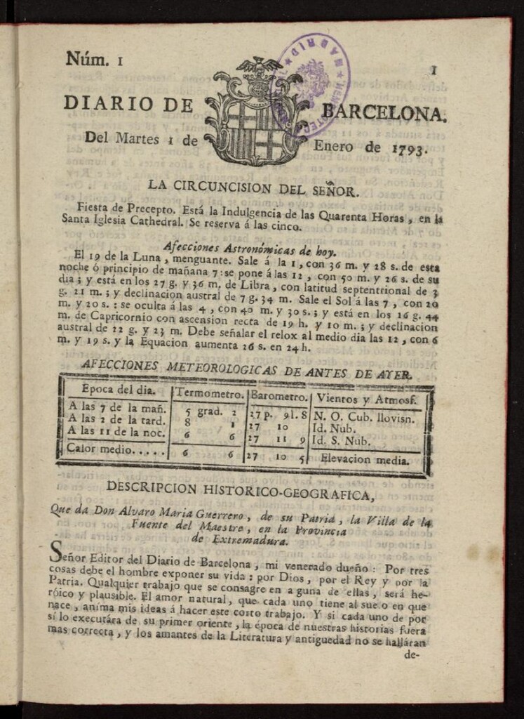 Miniatura de Diario de Barcelona del 1 de enero de 1793, nº 1