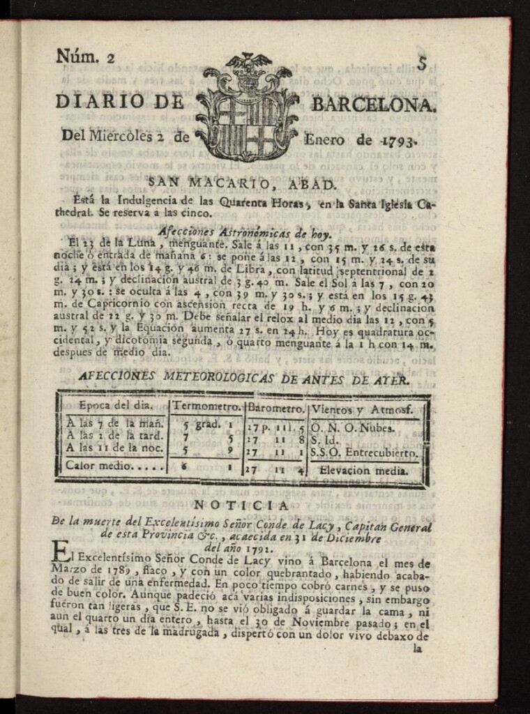 Miniatura de Diario de Barcelona del 2 de enero de 1793, nº 2