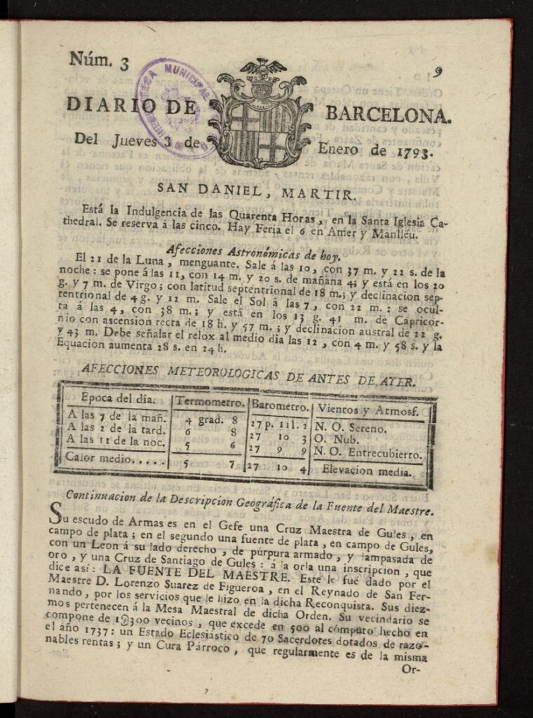 Miniatura de Diario de Barcelona del 3 de enero de 1793, nº 3