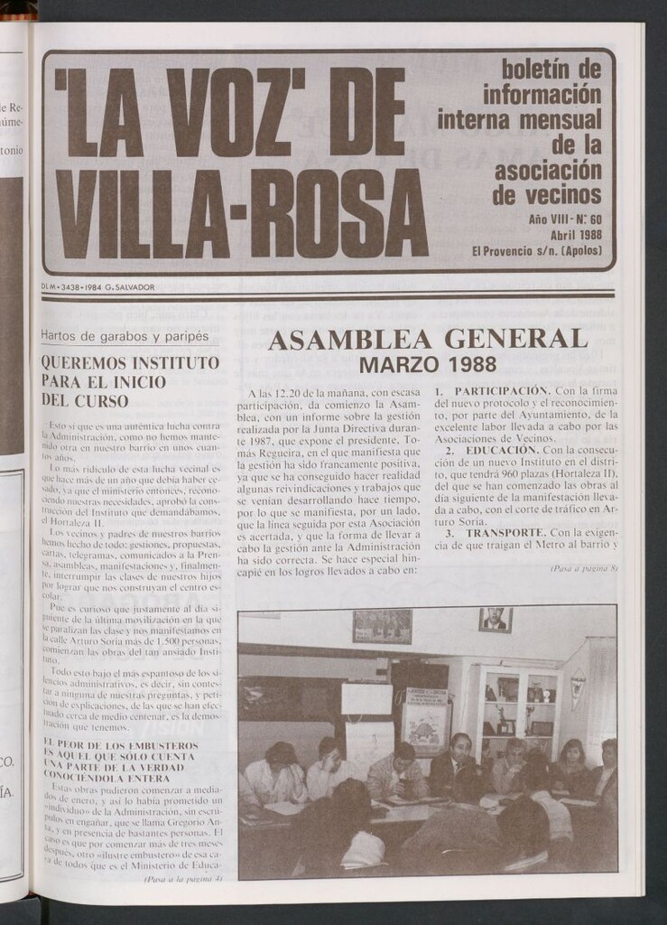 Miniatura de La Voz de Villa-Rosa: boletín informativo mensual de la asociación de vecinos, nº 60 de abril de 1988