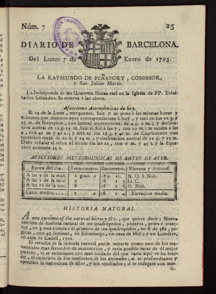 Miniatura de Diario de Barcelona del 7 de enero de 1793, nº 7
