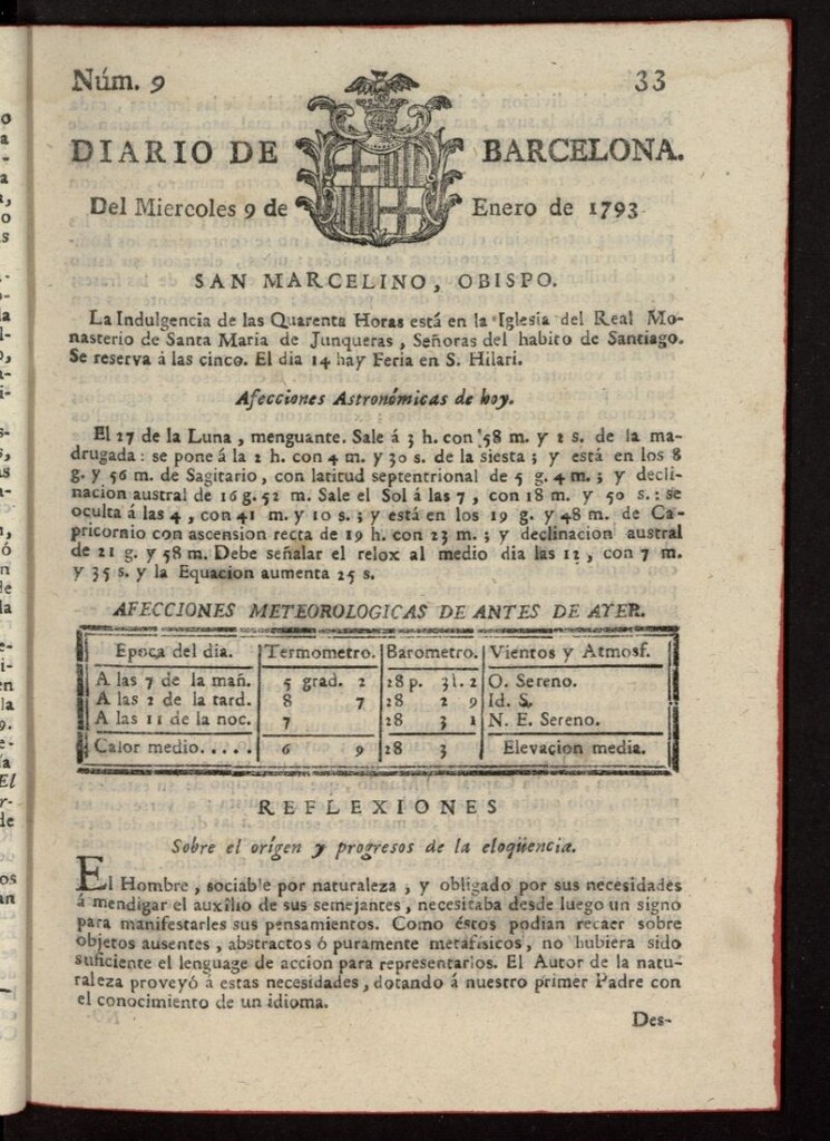 Miniatura de Diario de Barcelona del 9 de enero de 1793, nº 9
