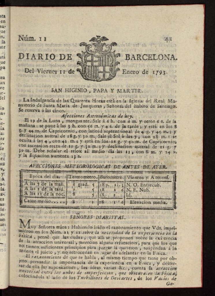 Miniatura de Diario de Barcelona del 11 de enero de 1793, nº 11