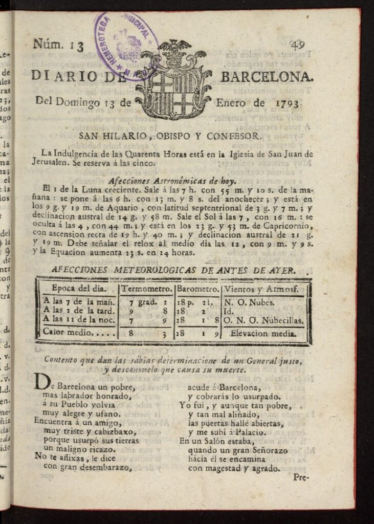 Miniatura de Diario de Barcelona del 13 de enero de 1793, nº 13