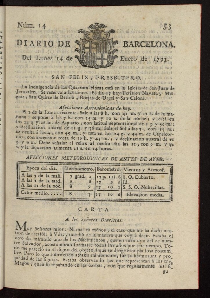 Miniatura de Diario de Barcelona del 14 de enero de 1793, nº 14