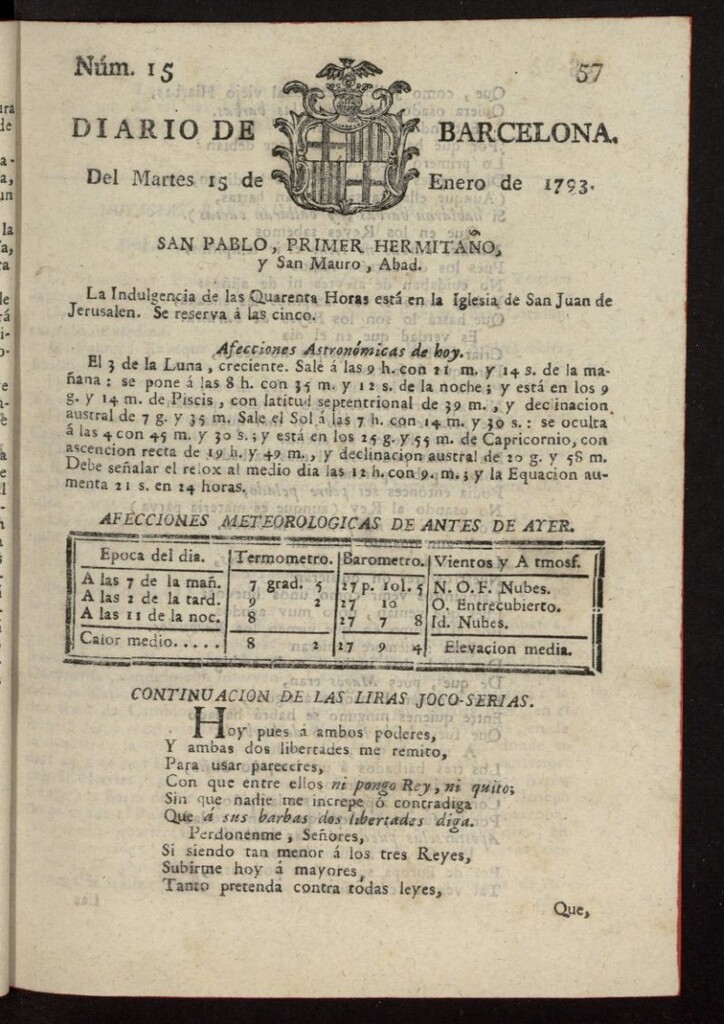 Miniatura de Diario de Barcelona del 15 de enero de 1793, nº 15