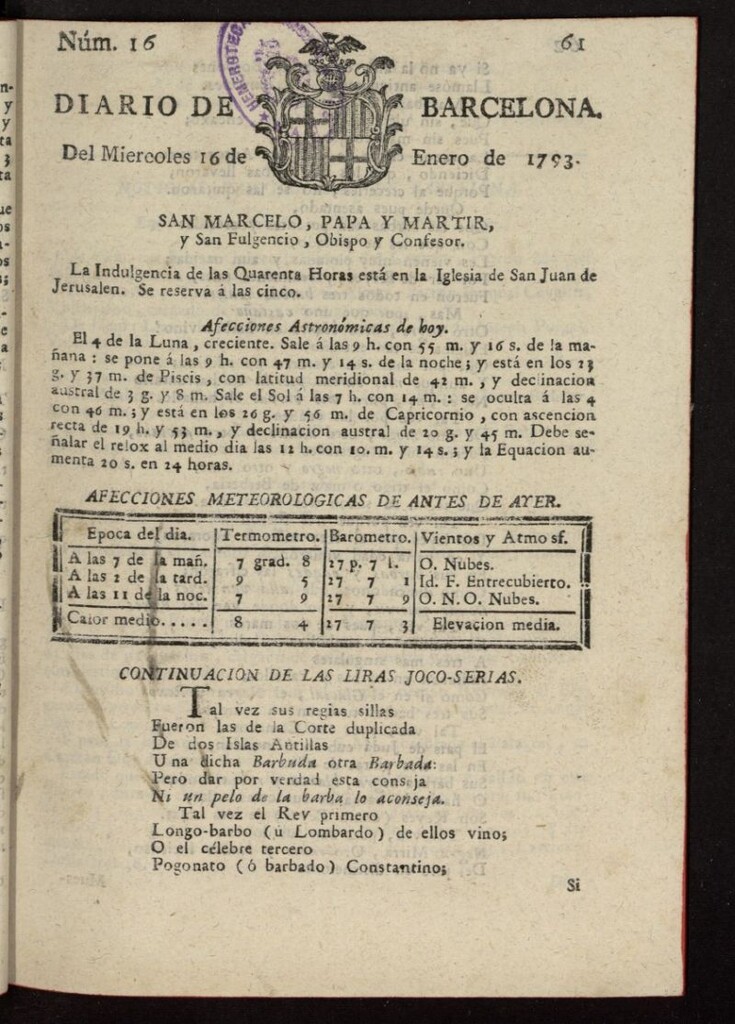 Miniatura de Diario de Barcelona del 16 de enero de 1793, nº 16