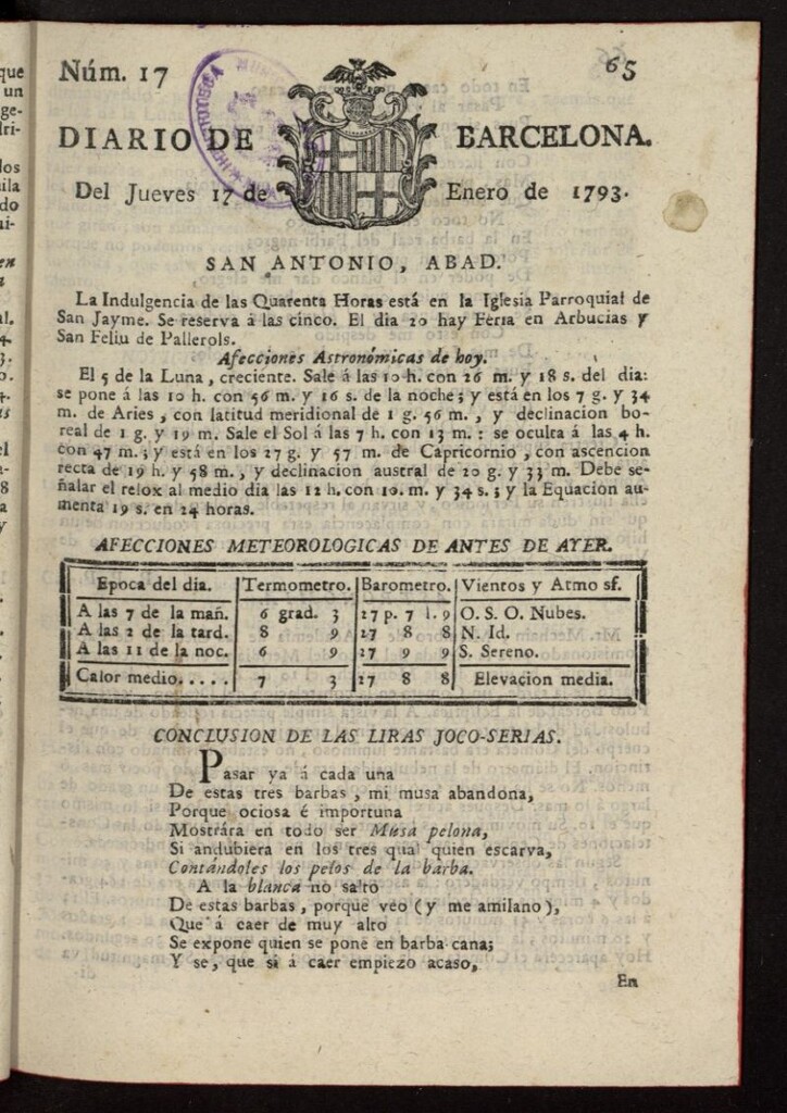 Miniatura de Diario de Barcelona del 17 de enero de 1793, nº 17